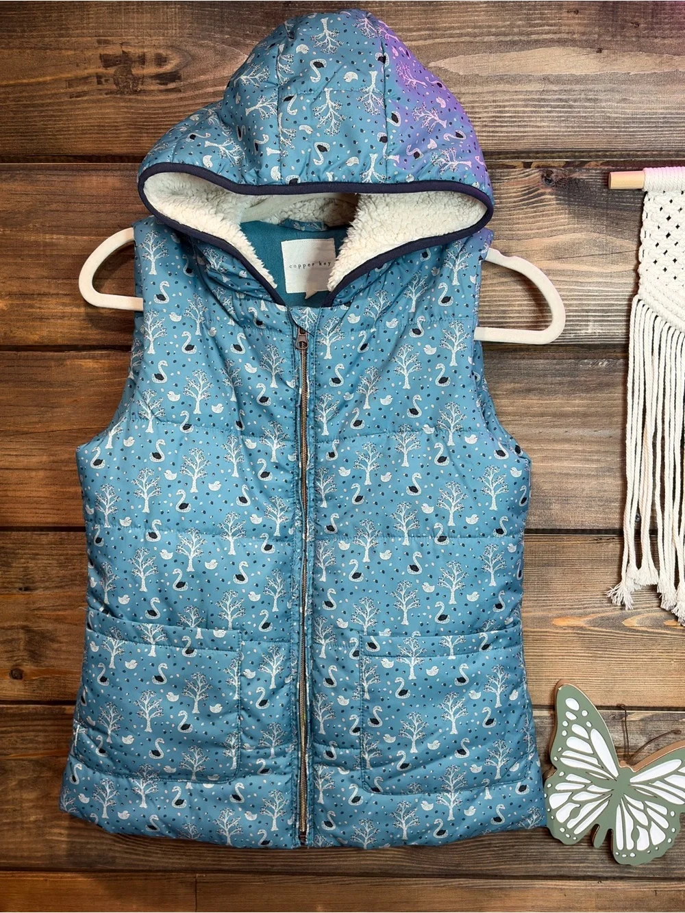 Copper Key Girls Sherpa Lined Hooded Puffer Vest Blue Swan Winter print cottage